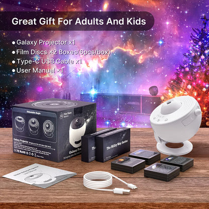 360° rotating galaxy projector casting stars and colors onto ceiling and walls in a dark room
