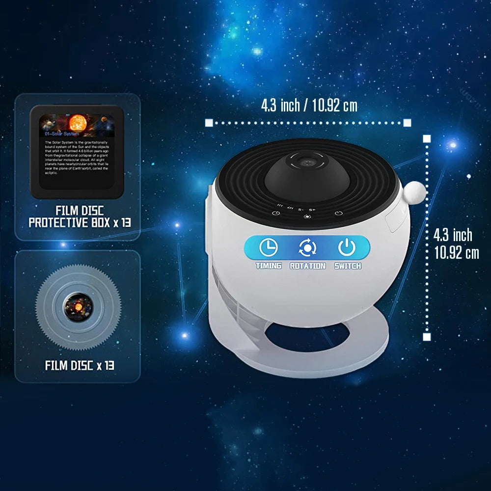 360° rotating galaxy projector casting stars and colors onto ceiling and walls in a dark room
