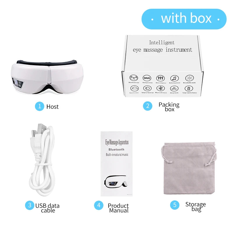 Smart eye massager with built-in controls resting on a table, showing soft lining and adjustable strap
