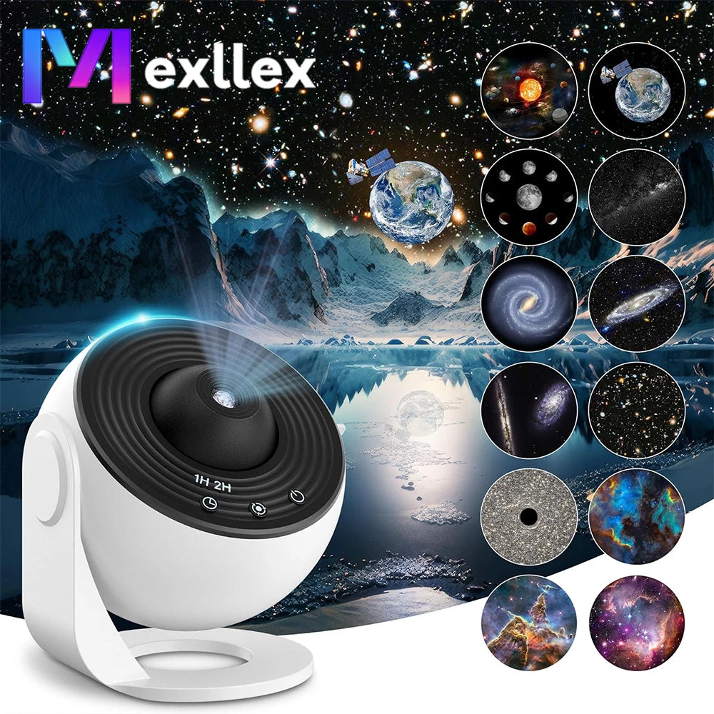 360° rotating galaxy projector casting stars and colors onto ceiling and walls in a dark room
