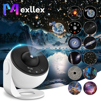 360° rotating galaxy projector casting stars and colors onto ceiling and walls in a dark room
