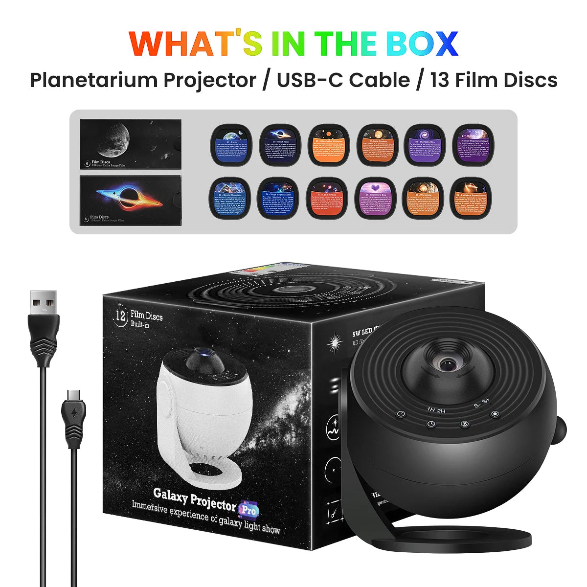 360° rotating galaxy projector casting stars and colors onto ceiling and walls in a dark room
