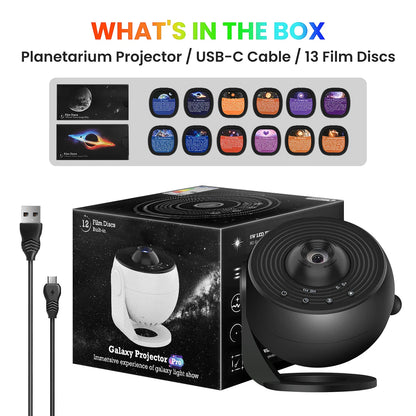 360° rotating galaxy projector casting stars and colors onto ceiling and walls in a dark room
