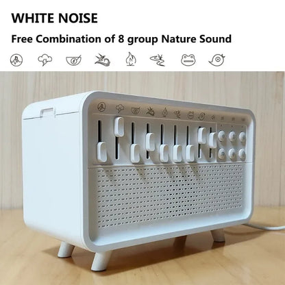 4-in-1 white noise humidifier with Bluetooth speaker and ambient light on nightstand
