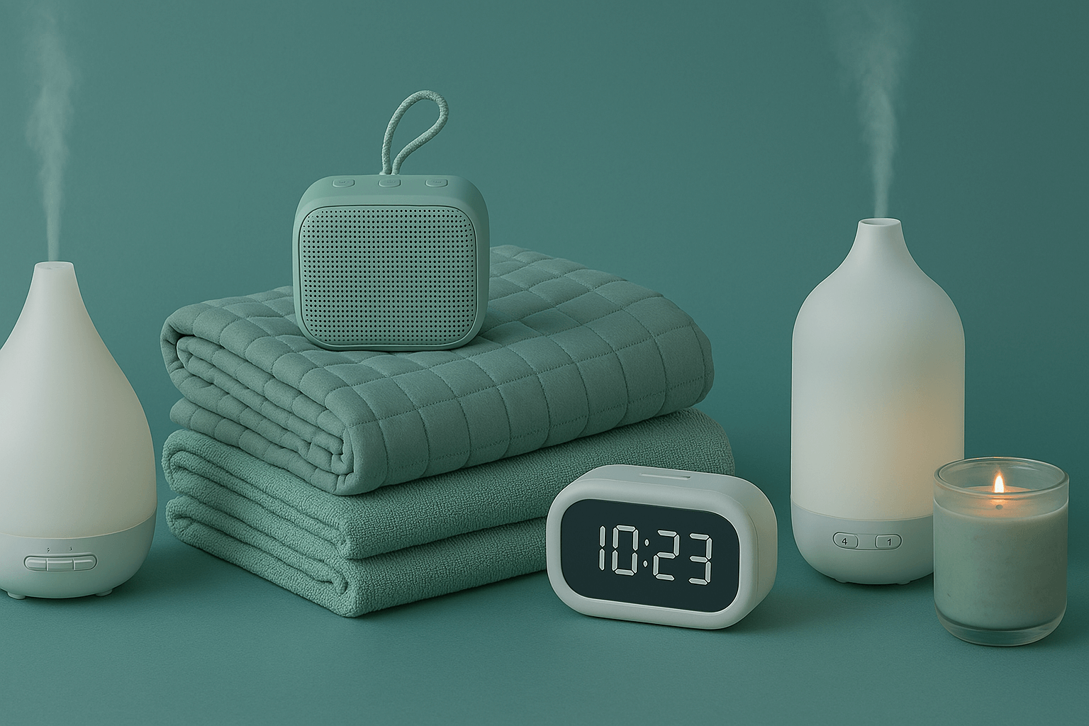 Relaxation essentials in teal tones including weighted blankets, digital clock, aromatherapy diffusers, scented candle, and portable Bluetooth speaker.